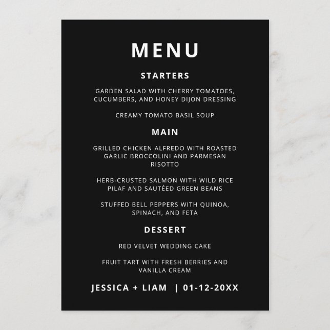 Minimalistkort för Black Bröllop Bord Meny (Framsida)