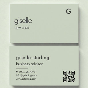 Minimalistmonogram för QR-Grönt för elegant Sage Visitkort