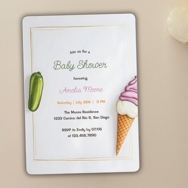 Minimalistplockare och isgräddbabyskor inbjudningar (Funny and unique Pickles & Ice Cream Baby Shower Invitation)