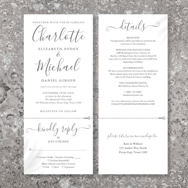 Minimalistskript för elegant alla på en Bröllop Inbjudningar (Elegant Script Minimalist All In One Wedding Invitation)