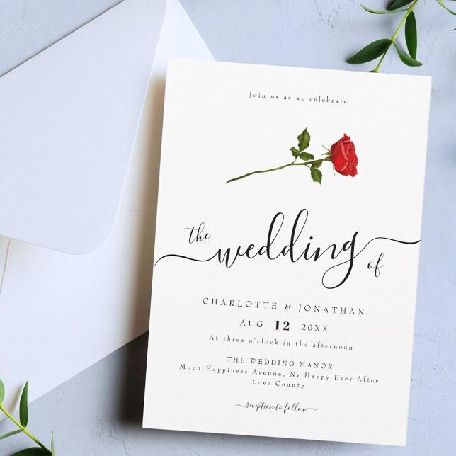 Minimalistskript för Elegant med en Röd ros Inbjudningar (Single red rose elegant script minimalist wedding invitation)