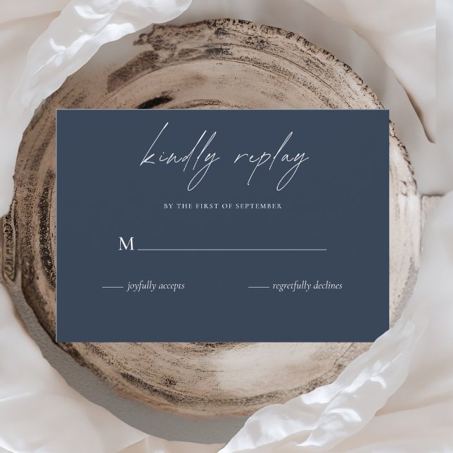 Minimalistskript för elegant Navy Blue Bröllop OSA Kort (Skapare uppladdad)