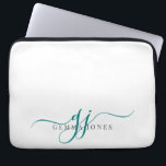 Minimalistskript för Teal Script Monogram Initiale Laptop Fodral<br><div class="desc">En modern snyggt-teal-initialer monogram på vitt,  med ett dramatiskt skript som börjar med dekorationer och fullt i en modern serif-typ.</div>