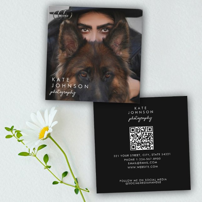 Minimalistskript, Fullt, fotot, QR-kod, Social-med Fyrkantigt Visitkort (Minimalist Script Full Photo QR Code Social Media Square Business Card)