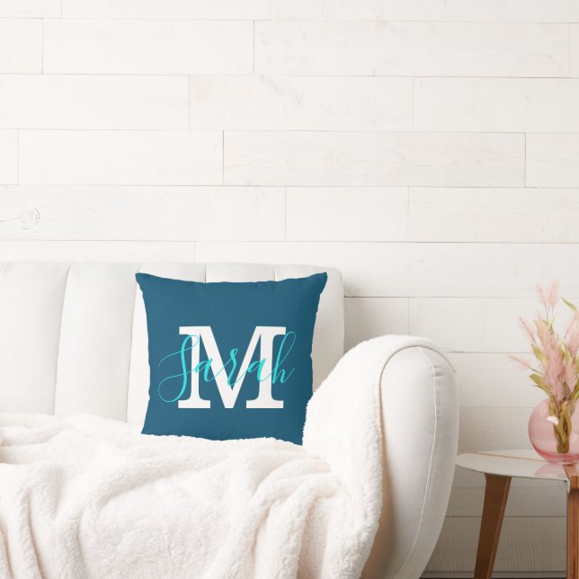 Minimalistskript, Monogram Namn Blue & Teal Kudde (Soffa)