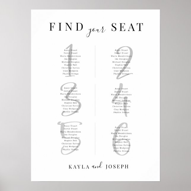 Minimalistskylt för sätesschemat Bröllop 6 Bord Poster (Framsidan)