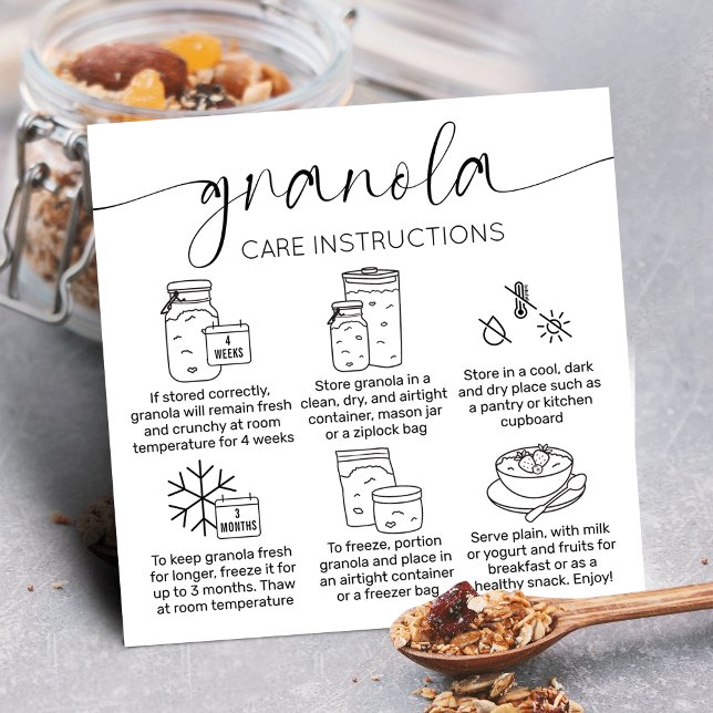 Minimalistvårdsanvisning för Granola Fyrkantigt Visitkort (Minimalist sourdough granola care instructions cards with care icons, stylish calligraphy font)