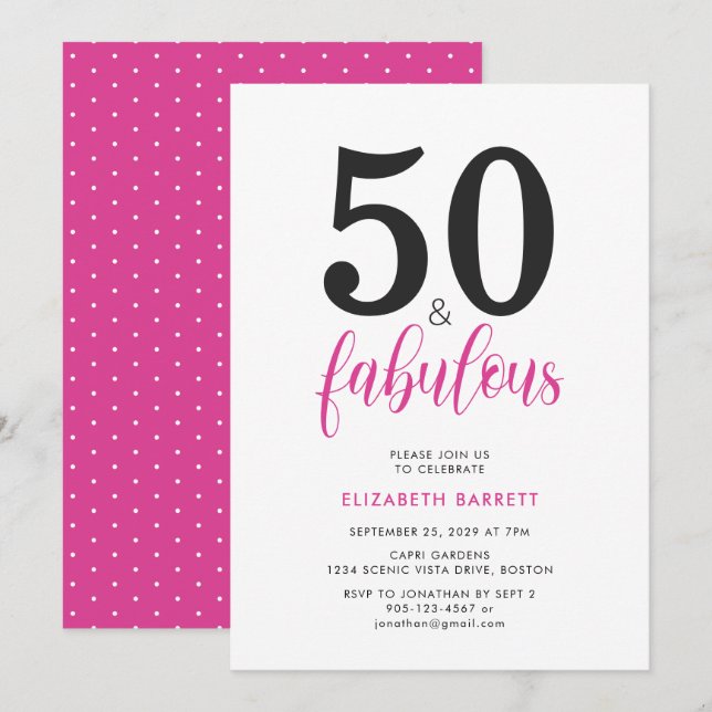 Minimalt 50 och fantastisk rosa 50-årsfest inbjudningar (Fram/baksida)