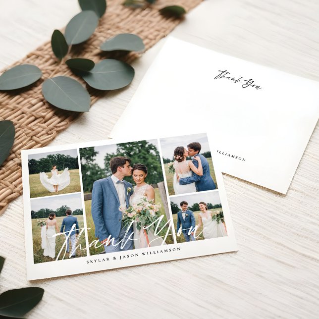 Minimalt 5 fotokollage White Push Script Bröllop Inbjudningar (Minimal 5 Photo Collage White Brush Script Wedding Invitation)