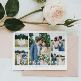 Minimalt 5 fotokollage White Push Script Bröllop Tack Kort