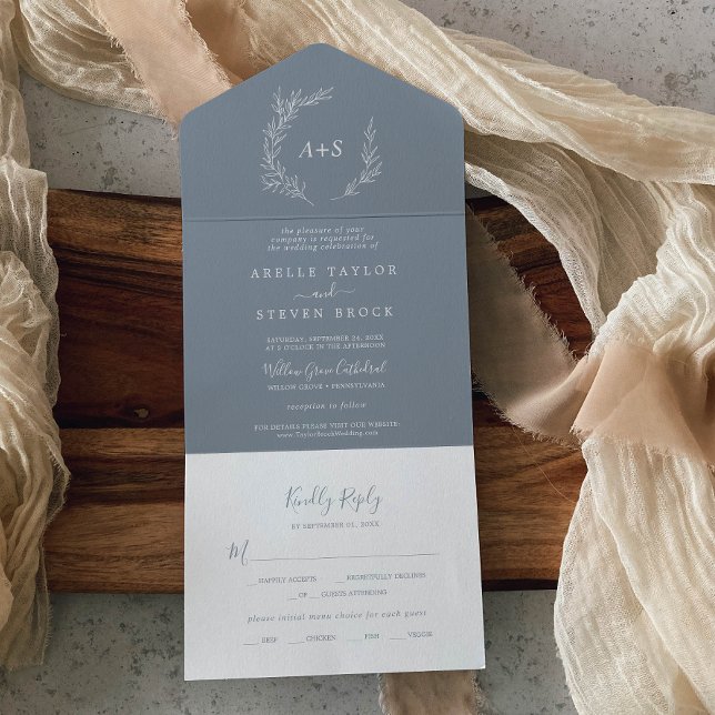 Minimalt blad | Blå och vit bröllop (Minimal Leaf | Blue and White Wedding All In One Invitation)