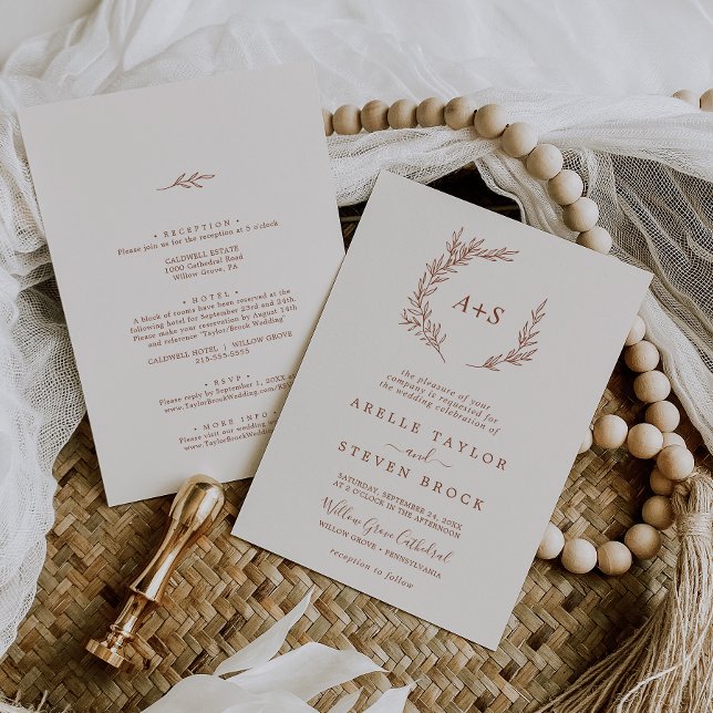 Minimalt blad | Boho Crème Allt-i-ett Bröllop Inbjudningar (Minimal Leaf | Boho Cream All In One Wedding Invitation)