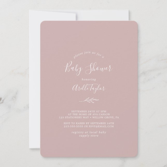 Minimalt blad | Dusty Rose Baby Shower-inbjudan Inbjudningar (Framsida)