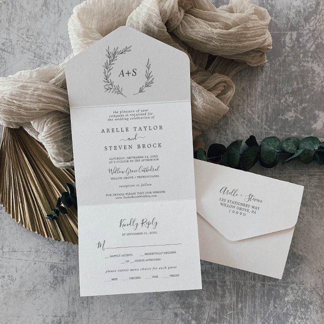 Minimalt blad | Mörkgrå bröllop (Minimal Leaf | Dark Gray Wedding All In One Invitation)