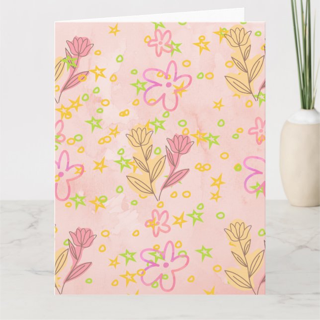 Minimalt blommigt doodle-mönster –Pastell Rosa mön Kort (Framsida)