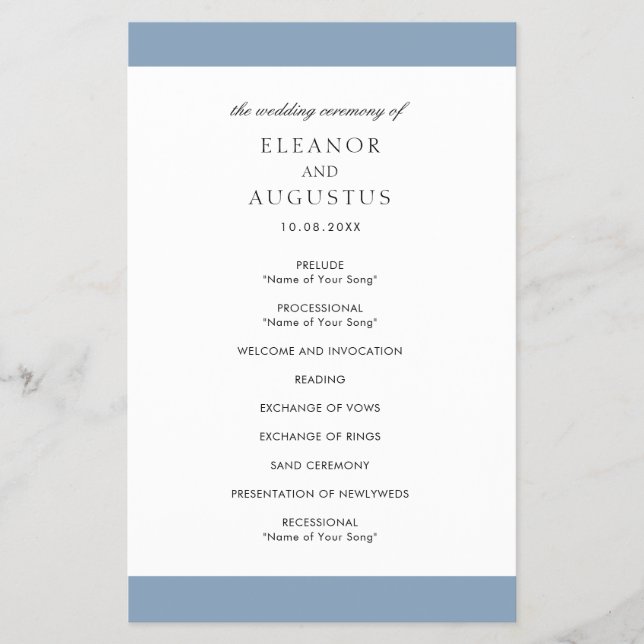Minimalt Bröllopsprogram för budget för Dusty Blue (Framsidan)