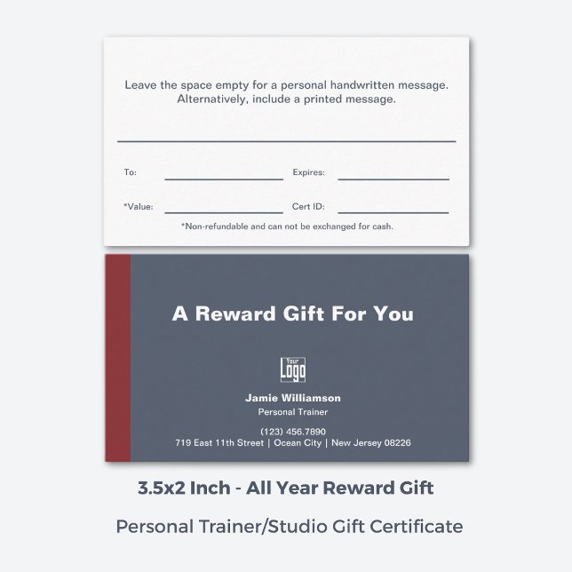 Minimalt certifikat för personlig instruktör för r (3.5x2 Inch, Minimal Personal Trainer Reward Gift Certificate, Grey, White, Red)