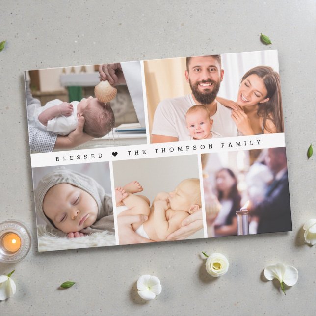 Minimalt Dop Foto Collage för det Saliga Hjärtat Tack Kort (Baptism photo collage blessed thank you card.)