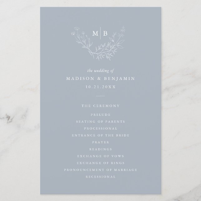 Minimalt Dusty Blue Formal Monogram-Bröllopsprogra (Framsida)