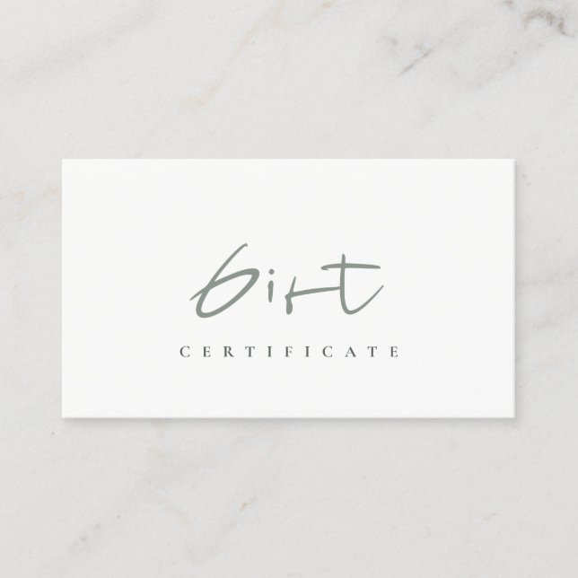 Minimalt enkelt Dusky Grönt Script Gift-certifikat Visitkort (Framsida)