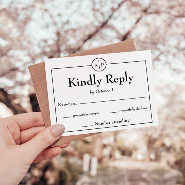 Minimalt enkelt monogram första Bröllop OSA-kort OSA Kort (simple modern black and white monogram initial rsvp wedding response card)