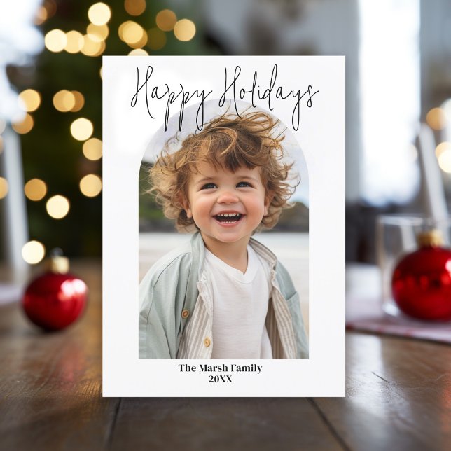 Minimalt foto med modern båge - svart och vitt julkort (Modern, minimal Christmas Greeting card with arch photo, white border and script text.)