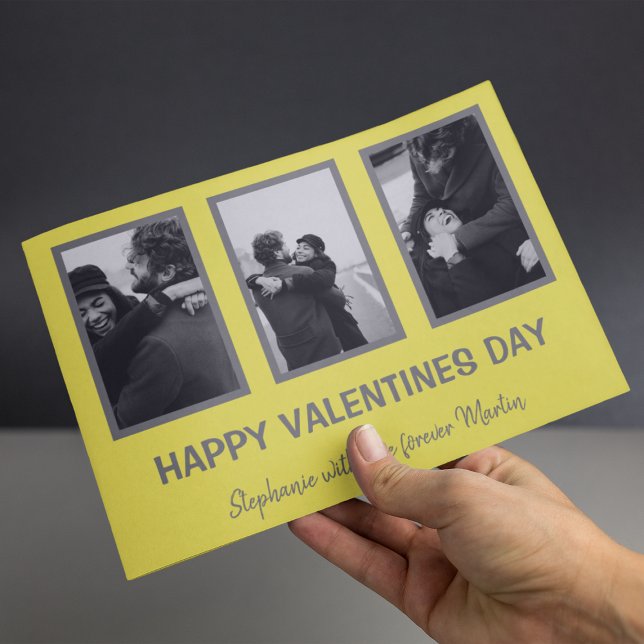 Minimalt Grått och Gult 3 fotot Valentines day Julkort (Skapare uppladdad)