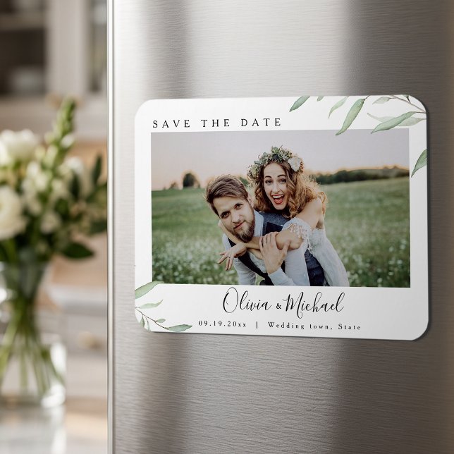 Minimalt grönt foto bröllop spara datum magnet (Minimal greenery photo wedding save the date magnet)