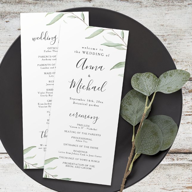 Minimalt grönt, rustiskt bröllopsprogram meny (Minimal greenery rustic wedding program)