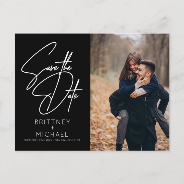 Minimalt handsskrivet foto Spara datum svart Meddelande Vykort (Framsida)