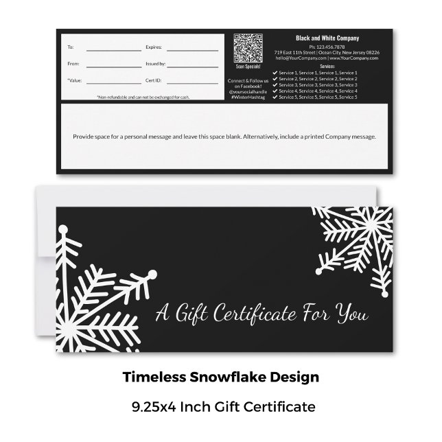 Minimalt intyg för svart vit snöflingor (9.25x4 Inch, Minimal Black White Snowflake Gift Certificate Cards)
