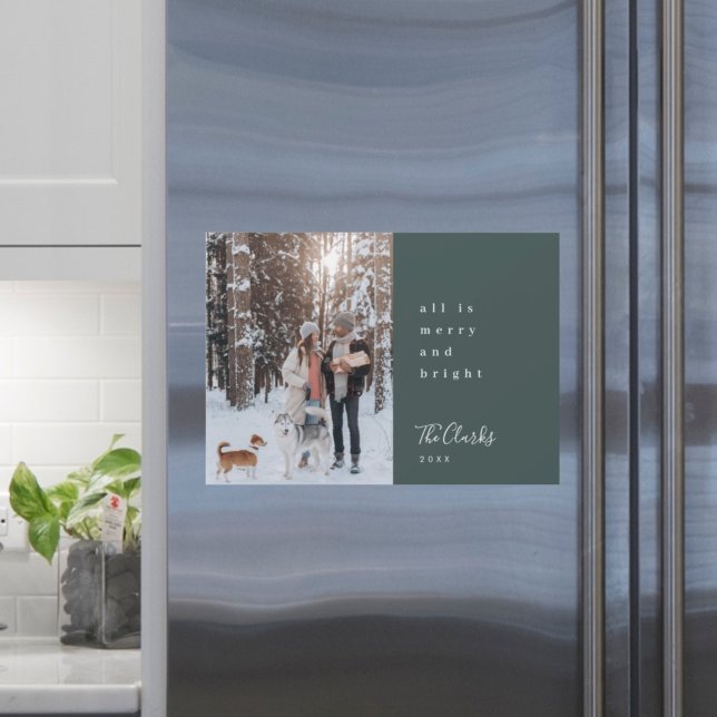 Minimalt julläggande Grönt Foto Magnetic Card (Share Scandi-inspired festive style with a modern Merry and Bright card by Guava)