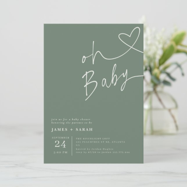 Minimalt ljusgrönt Oh Baby Shower Inbjudningar (Stående Fram)