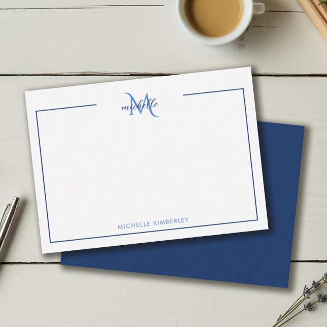 Minimalt marinblått och vitt monogram anteckningskort (Minimal Navy Blue and White Monogram Note Card)