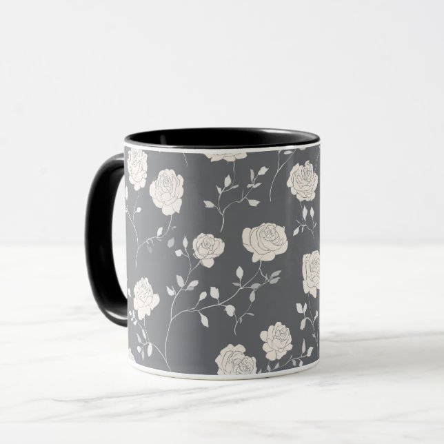 Minimalt mjukt grått ros vitt blommönster mugg (Framsida vänster)