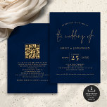 Minimalt QR-kod för marinblå Guld Bröllop Inbjudningar<br><div class="desc">Minimalistisk QR-kod för marinblå Guld Bröllop. Tillgänglig digitalt och utskriven. Klassisk elegans på mörk blått och guld med denna textdesign. Bröllop av finns i ett skript för snyggt och resten av orden kan du enkelt anpassa. På baksidan lägger du till en QR-kod på webbplatsen bröllop så att dina gäster kan...</div>