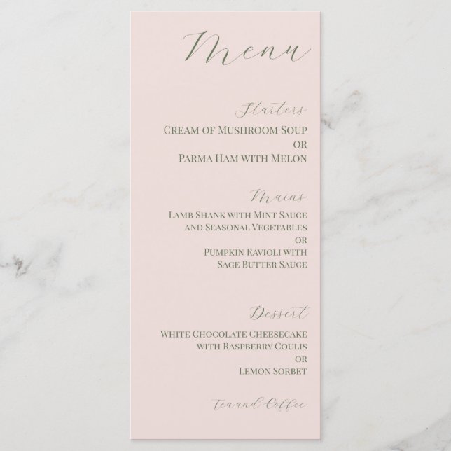 Minimalt rosabrunt och olivgrönt bröllopsmeny meny (Framsida)