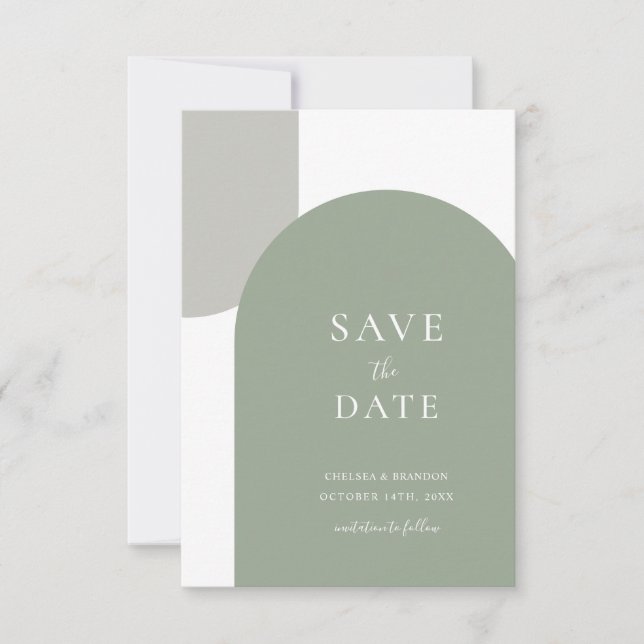 Minimalt Sagegrönt Boho Valv Rustikalt Skript Bröl Spara Datumet (Framsida)