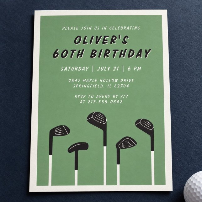 Minimalt Sagegrönt Modernt Herr 60-årsdag Golf Inbjudningar (Sixty in style—sage green with a modern golf theme. Customize the name, age, and event details.)