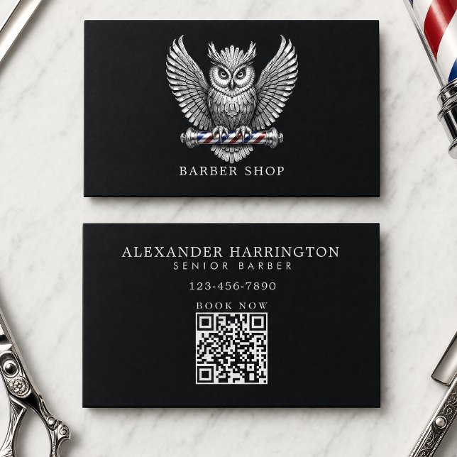 Minimalt Silver Uggla Professionell Barbershopplog Visitkort (Skapare uppladdad)