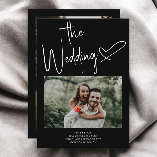 Minimalt skript Namnteckning Heart Photo Black Brö Inbjudningar (Skapare uppladdad)