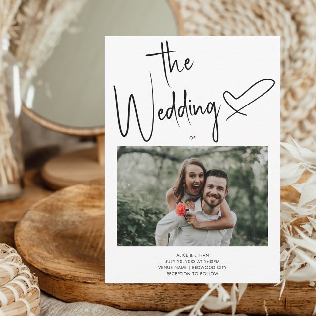 Minimalt skript Namnteckning Heart Photo White Brö Inbjudningar (Skapare uppladdad)