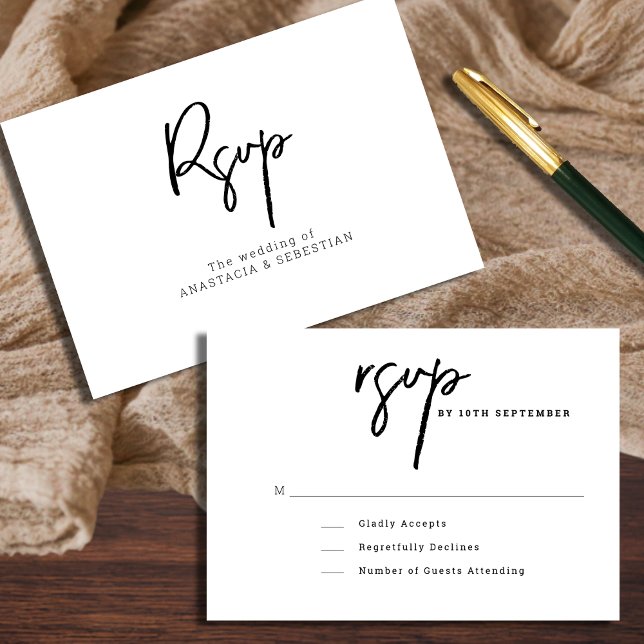 Minimalt skript, svart och vit Bröllop OSA Kort (Minimal Script Black and White Wedding RSVP Card)