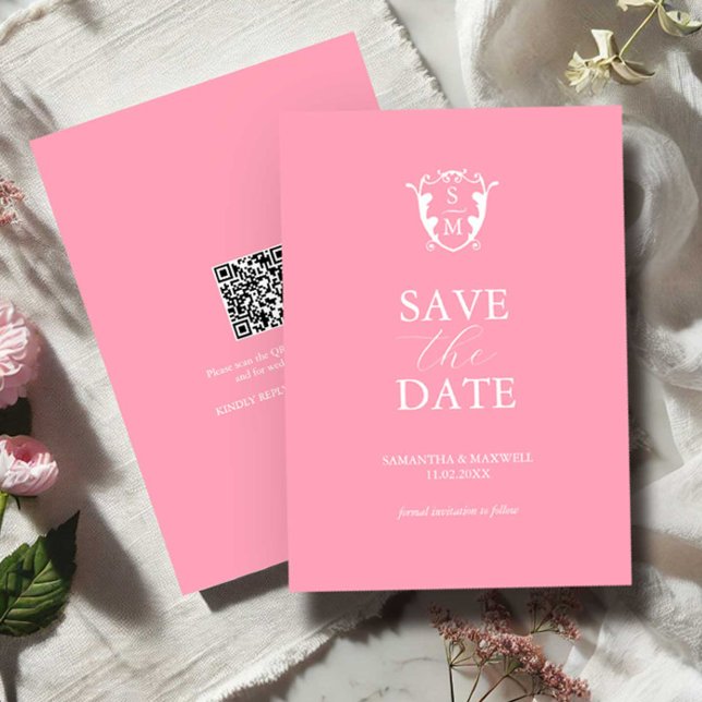 Minimalt spara datum för modern Rosa Spara Datumet (Monogrammed save the date wedding invitation with QR-code )