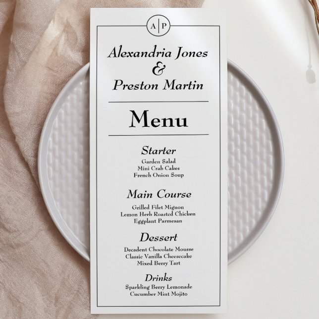Minimalt svartvitt-menykort för Bröllop i Monogram Meny (simple and modern, this black and white monogram menu is an elegant personal touch to your wedding)