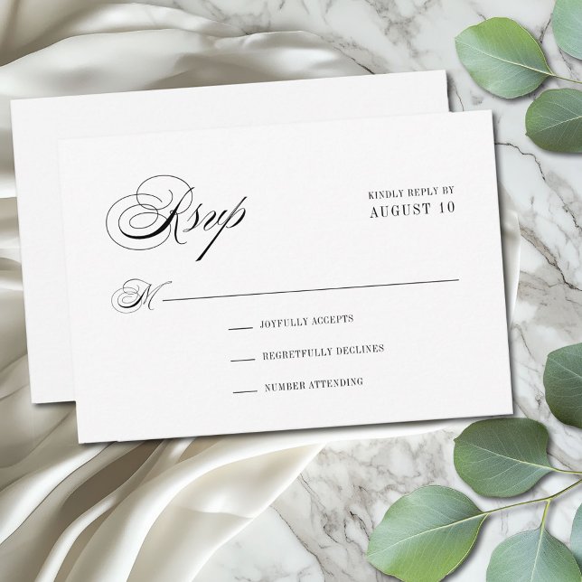 Minimalt svartvitt och vitt romantiskt skript Bröl OSA Kort (Elegant minimal modern wedding RSVP card with vintage flair)
