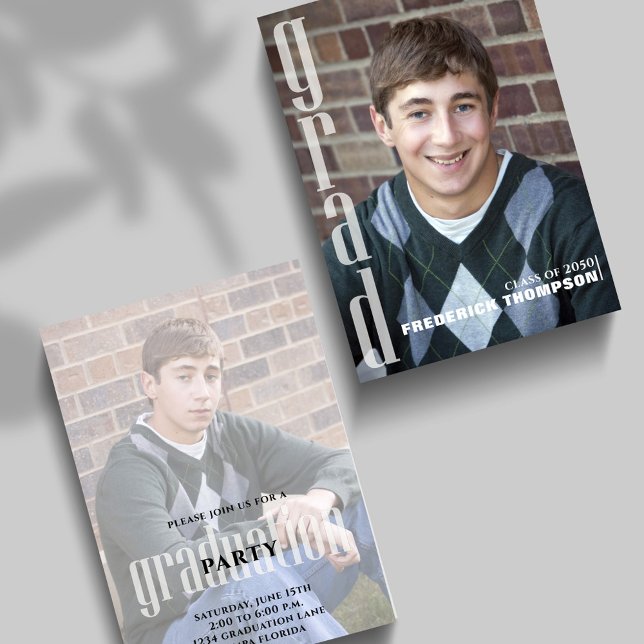 Minimalt två-foto-examensbevis inbjudningar (Vertical graduation announcement card with senior portrait and modern grad typography.)
