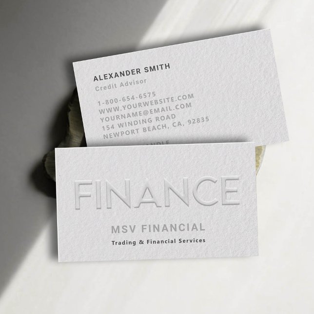 Minimivärde för ekonomisk Faux Embossed Modern Pro Visitkort (dealer trader financial finance business card faux embossed black white professional sleek)