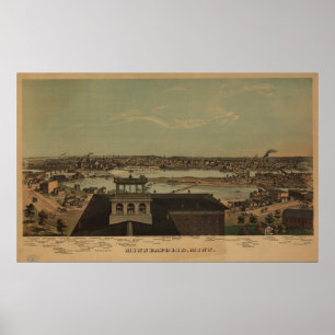 Minneapolis Minnesota 1874 Antique Panoramic Karta Poster