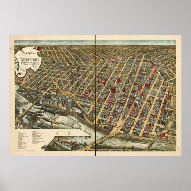 Minneapolis Minnesota 1891 Antique Panoramic Karta Poster (Framsidan)